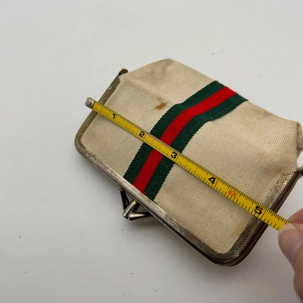 Vintage Travel Vanity Sewing Kit Canvas Green Red Web Stripe Kiss Lock Gold Tone